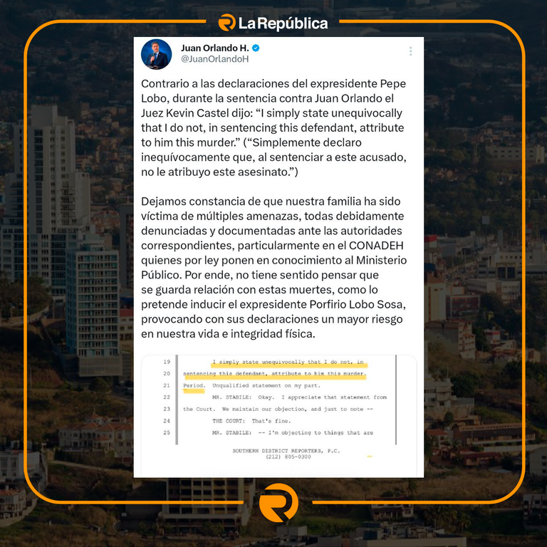 El expresidente Juan Orlando Hernández rechazó los señalamientos del expresidente Pepe Lobo sobre su supuesta implicación en la muerte de Sa - Cover Image